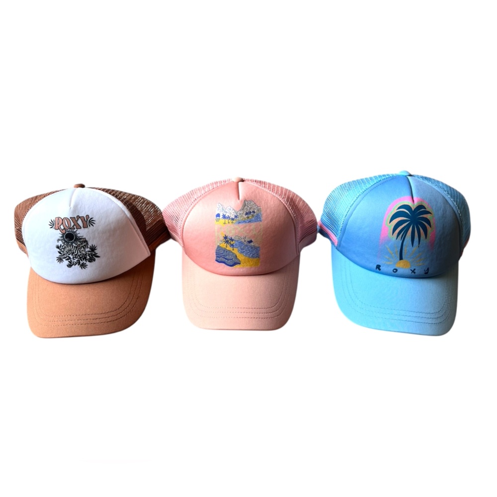 Bundle of 3 Roxy Trucker Hat Set - Brown, Pink, and Blue